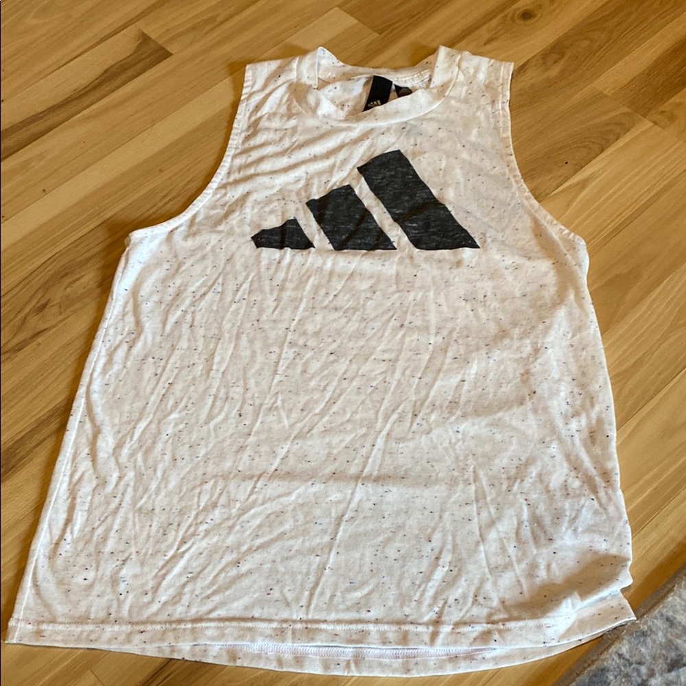 Adidas White Speckled Tank Top with Black Logo Small